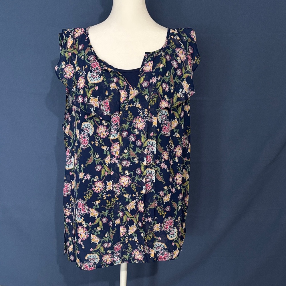 new directions Navy Floral Ruffle Cap-Sleeve Blouse